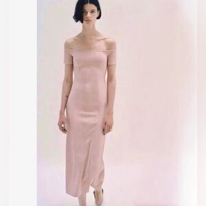 NWT Zara Off the Shoulder Bodycon Midi Dress XSMALL Baby Light Pink Prom Preppy